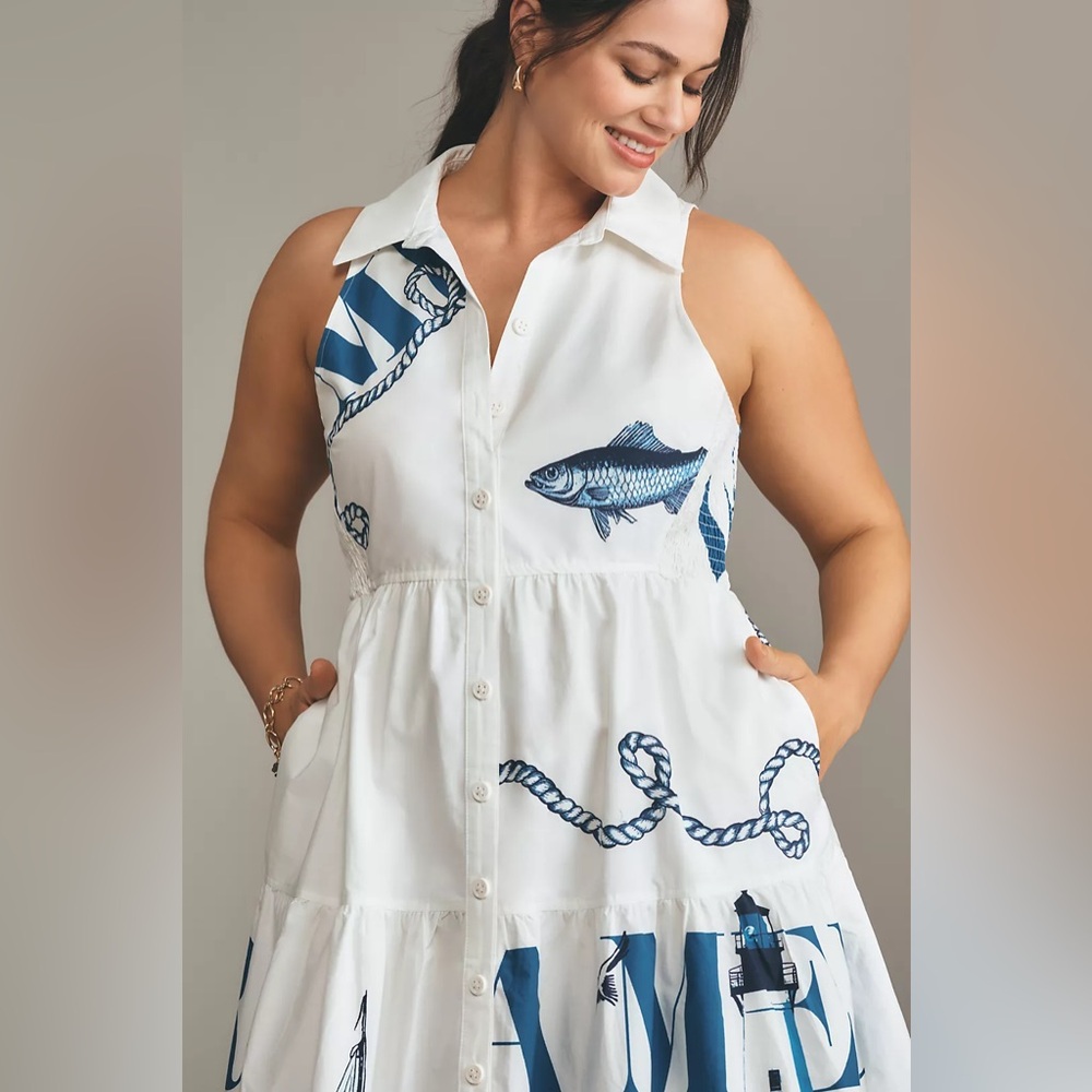 Maeve Sleeveless Nautical Sea Midi Shirt Dress - Picture 7 of 12